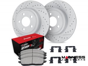 Jeep Renegade Brake Kit - Front - R1 Concepts - Optimum OEp Brake Pads - GEO-Carbon Drilled + Slotted Rotors